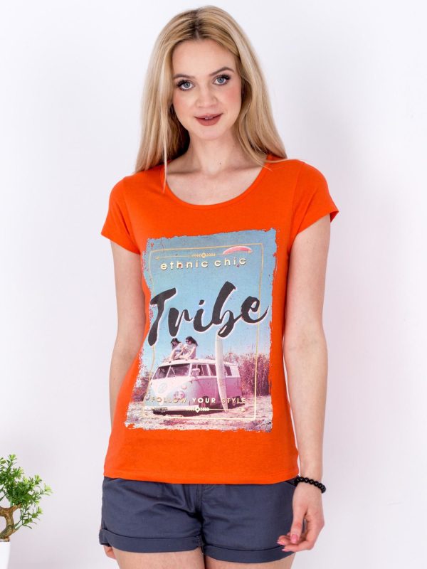 Wholesale Dark orange t-shirt with summer print