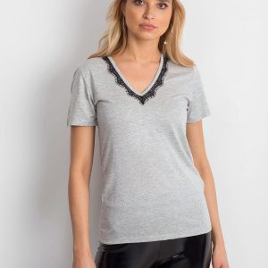 Wholesale Grey t-shirt with lace trim neckline