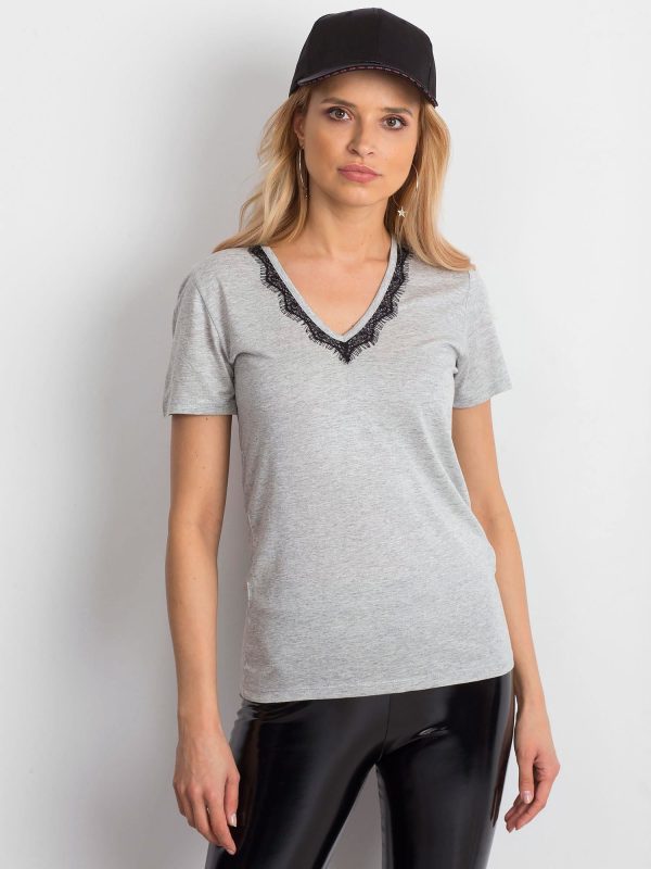 Wholesale Grey t-shirt with lace trim neckline