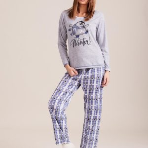 Wholesale Grey-Dark Blue Pyjamas with Checkered Motif