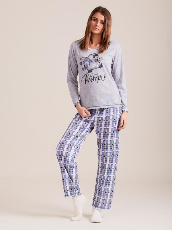 Wholesale Grey-Dark Blue Pyjamas with Checkered Motif