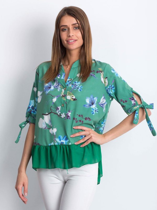 Wholesale Green floral blouse with flounce