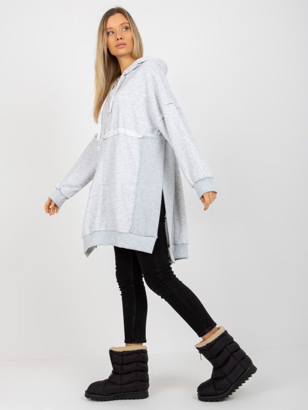 Wholesale Grey melange long oversized sweatshirt with hood and zipper