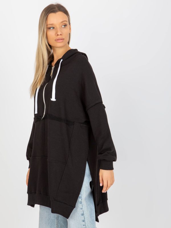 Wholesale Black oversized long sweatshirt with hood and zipper