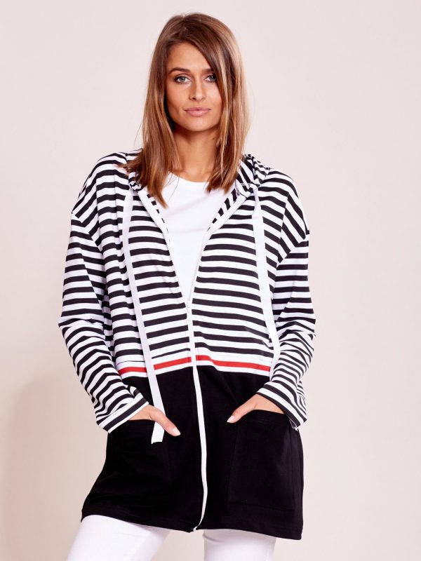 Wholesale White and black cardigans with hood stripes