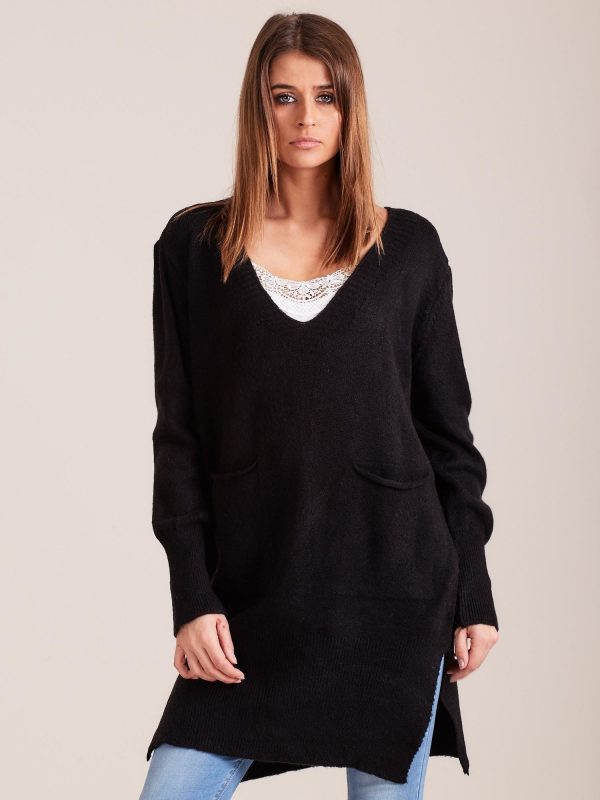 Wholesale Black long sweater with pockets