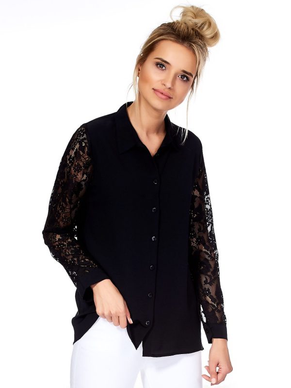Wholesale Women's shirt black with openwork sleeves