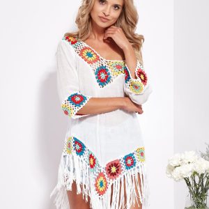 Wholesale White tunic with crochet inserts and tassels