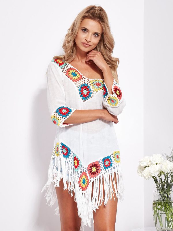 Wholesale White tunic with crochet inserts and tassels