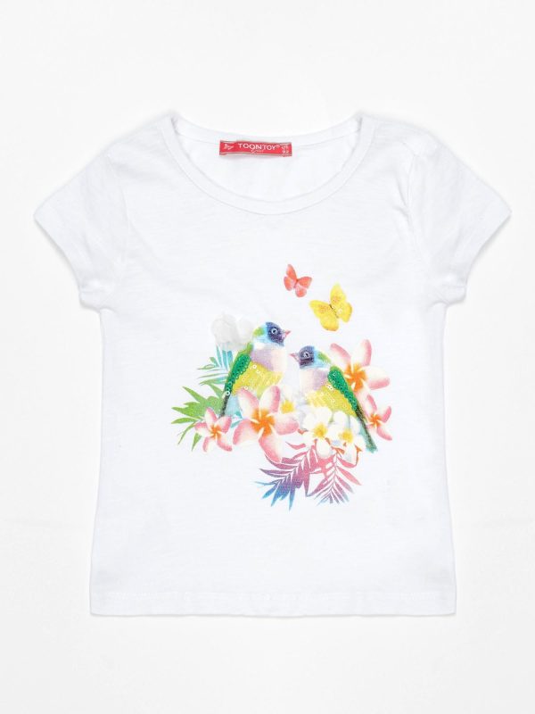 Wholesale White t-shirt for girl with exotic print and sequins