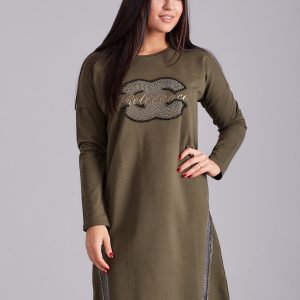 Wholesale Khaki sweatshirt dress with rhinestones