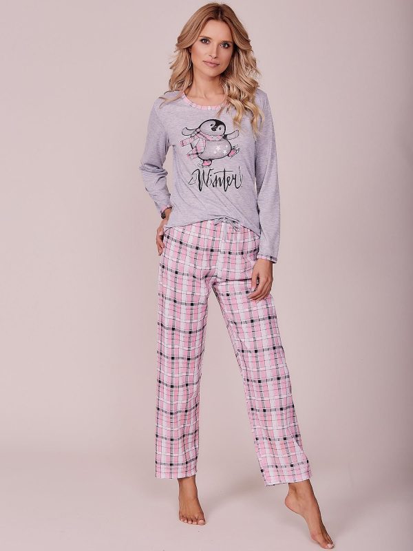 Wholesale Gray-light pink pyjamas with plaid motif