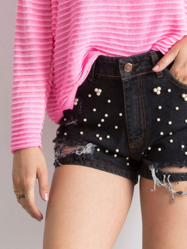 Wholesale Black shorts with rips and pearls