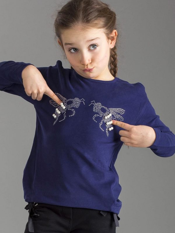 Wholesale Navy blue blouse for girl with shiny applique