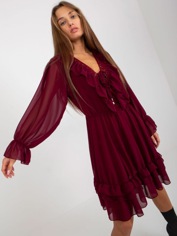 Wholesale Burgundy boho dress with ruffle and knotted neckline OCH BELLA