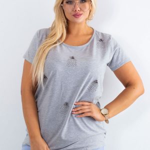 Wholesale Gray T-shirt with pearls and rhinestones PLUS SIZE