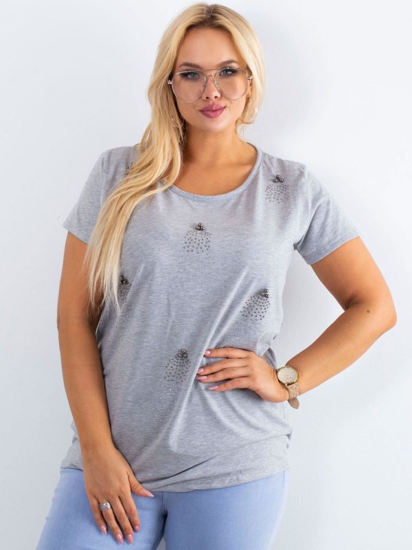 Wholesale Gray T-shirt with pearls and rhinestones PLUS SIZE