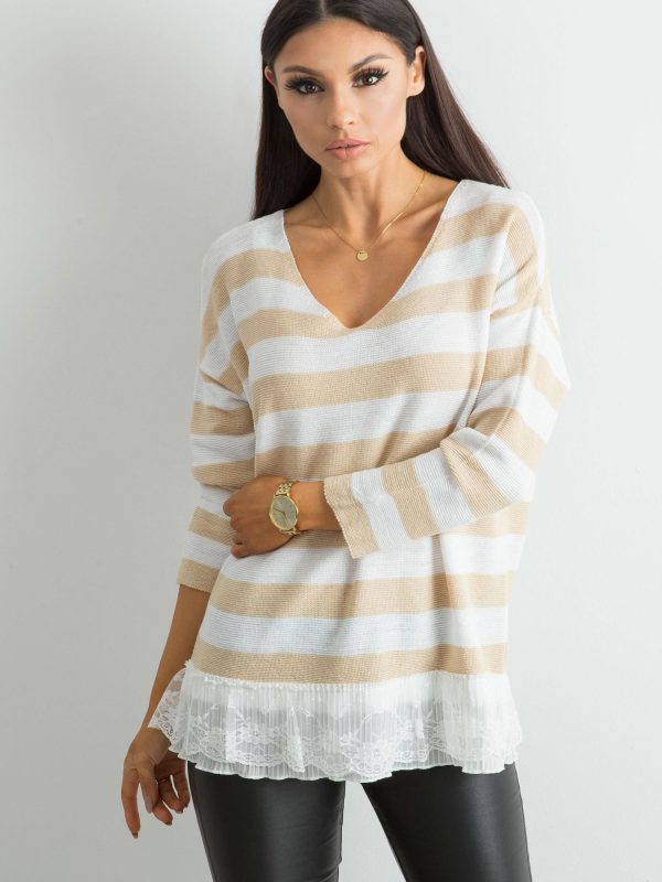 Wholesale Beige striped sweater with lace