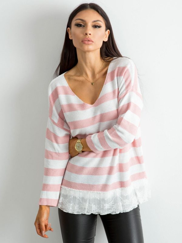 Wholesale Pink striped sweater with lace