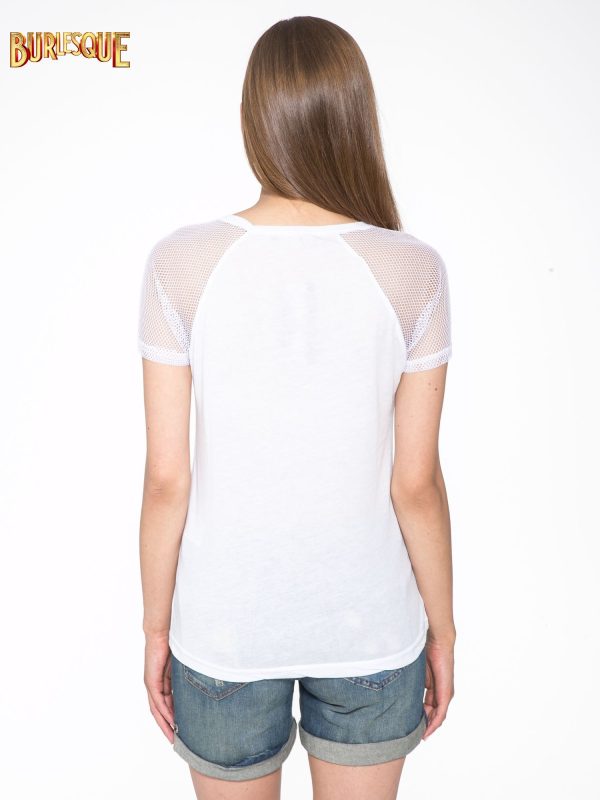 Wholesale White t-shirt with lettering and mesh sleeves