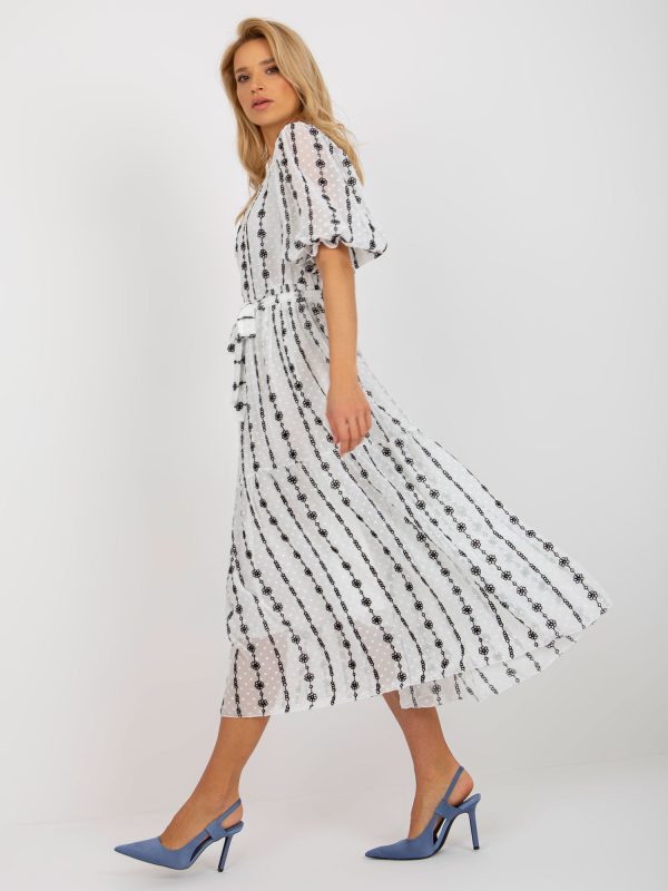 Wholesale White and black midi dress with flounce and floral embroidery