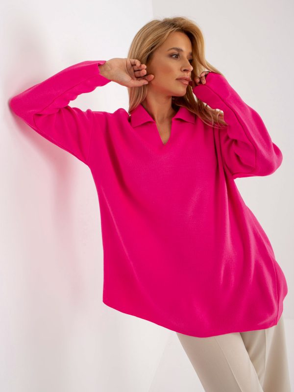 Wholesale Fluo pink long oversized sweater with collar RUE PARIS