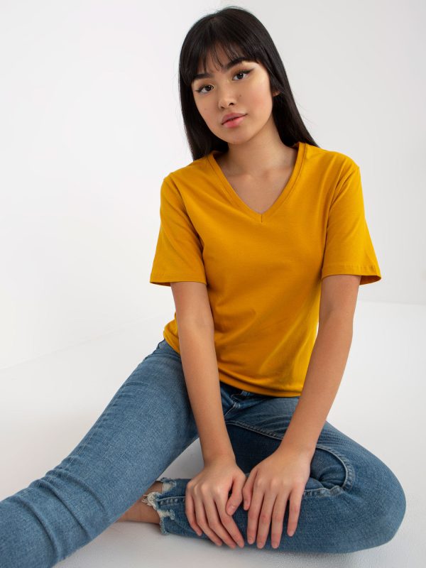 Wholesale Dark Yellow Women's Basic V-Neck T-Shirt