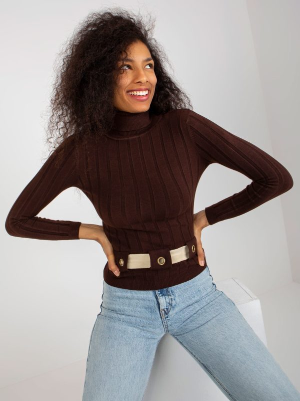 Wholesale Dark Brown Women's Wide Stripe Turtleneck Sweater