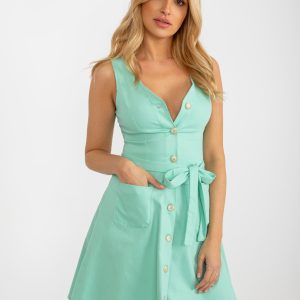 Wholesale Mint Flared Mini Denim Dress with Binding