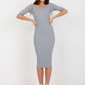 Wholesale Grey Ribbed Midi Dress Basic with Boat Neckline