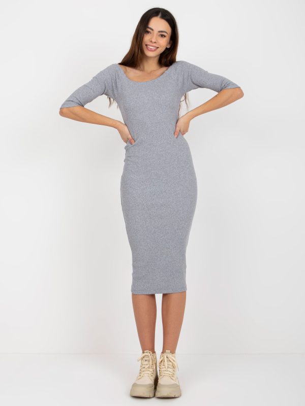 Wholesale Grey Ribbed Midi Dress Basic with Boat Neckline