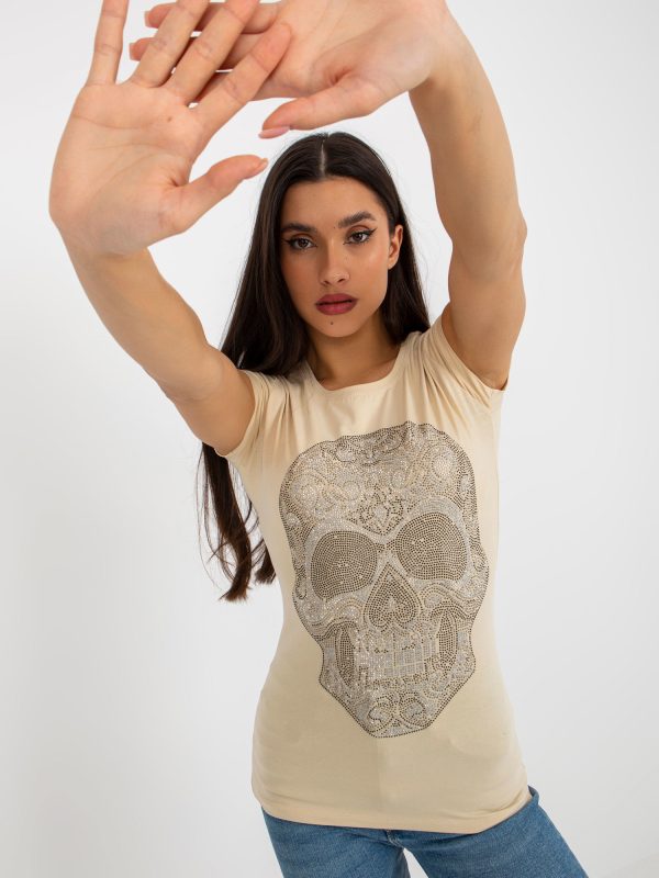 Wholesale Beige fitted t-shirt with rhinestones