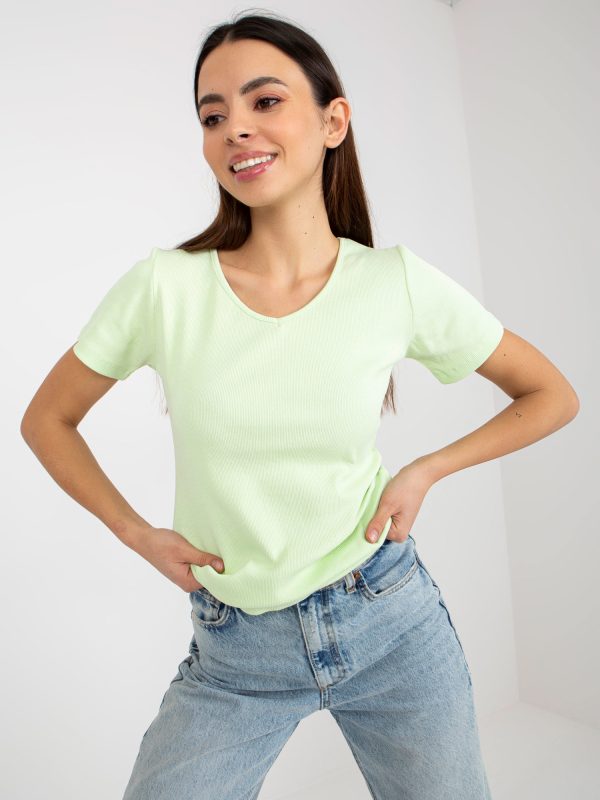 Wholesale Light green ribbed basic blouse with V neckline