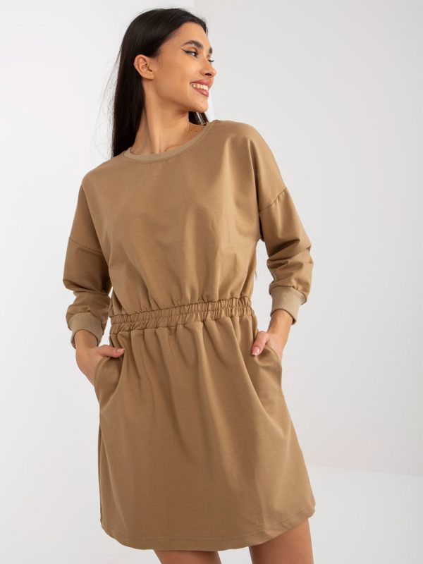 Wholesale Camel mini sweatshirt dress with elastic waistband