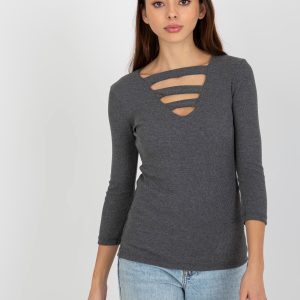 Wholesale Dark grey ribbed blouse with cutouts at the neckline