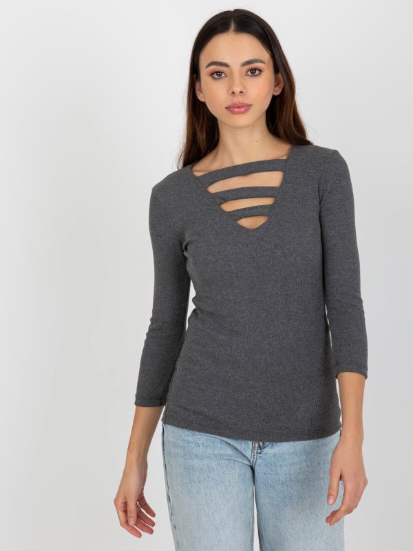 Wholesale Dark grey ribbed blouse with cutouts at the neckline