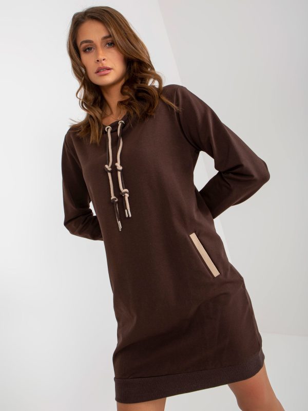 Wholesale Dark brown mini sweatshirt dress basic with pockets