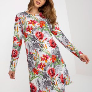 Wholesale White and Grey Loose Floral Dress with Round Neck