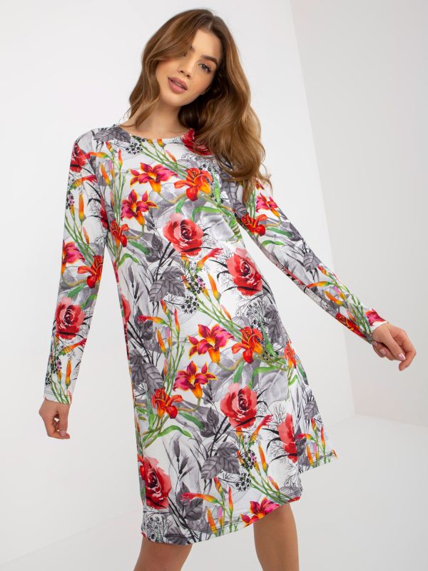 Wholesale White and Grey Loose Floral Dress with Round Neck