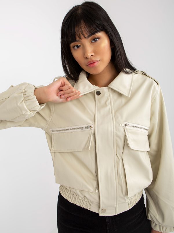 Wholesale Light beige eco-leather short jacket with pockets