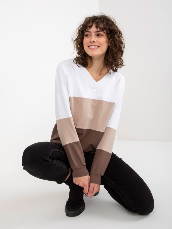 Wholesale White and brown basic V-neck sweatshirt RUE PARIS