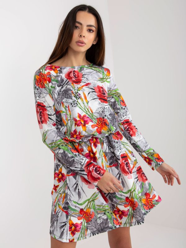 Wholesale White and Grey Women's Floral Dress with Elastic Waist