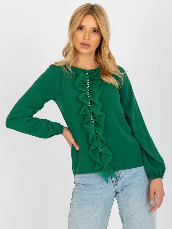 Wholesale Dark green formal blouse with applique and mesh