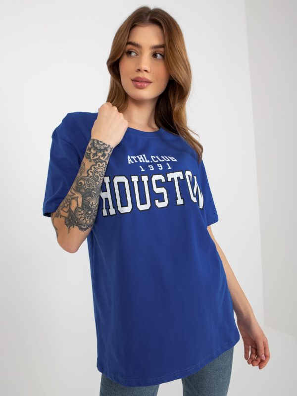 Wholesale Cobalt Loose Ladies T-Shirt with Lettering