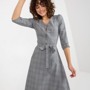 Wholesale Grey Plaid Midi Cocktail Dress with Tie Strap