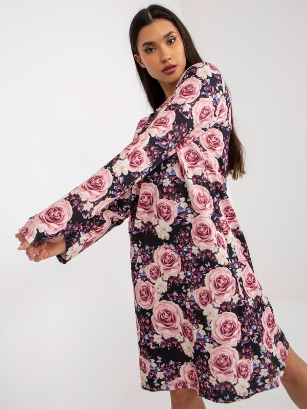 Wholesale Black and Light Pink Loose Long Sleeve Roses Dress