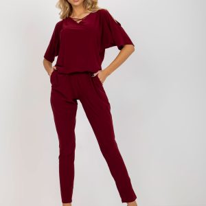 Wholesale Burgundy elegant jumpsuit with trousers and short sleeves