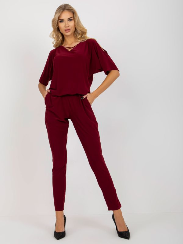 Wholesale Burgundy elegant jumpsuit with trousers and short sleeves
