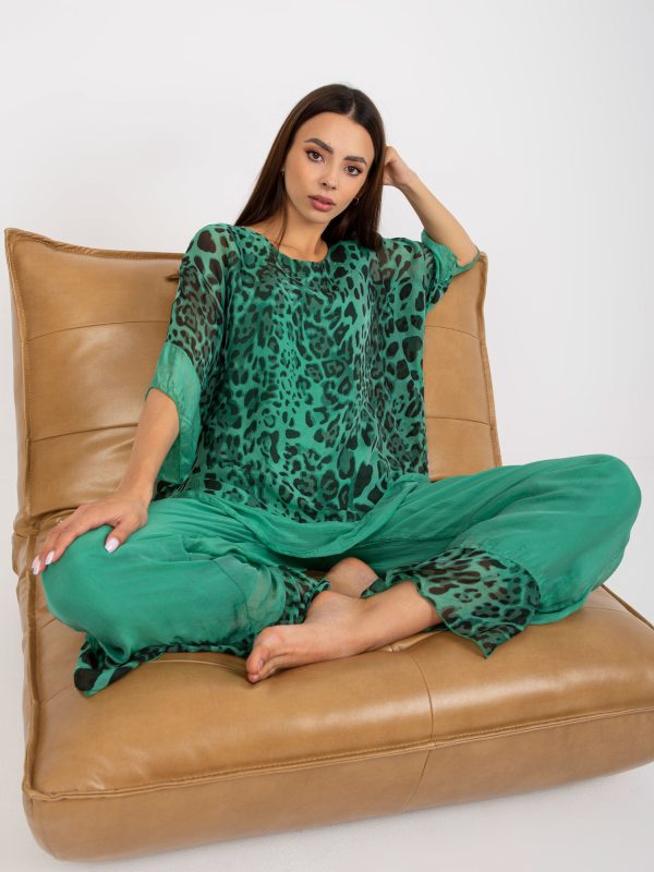 Wholesale Dark Green Silk Leopard Print Blouse with 3/4 Sleeves