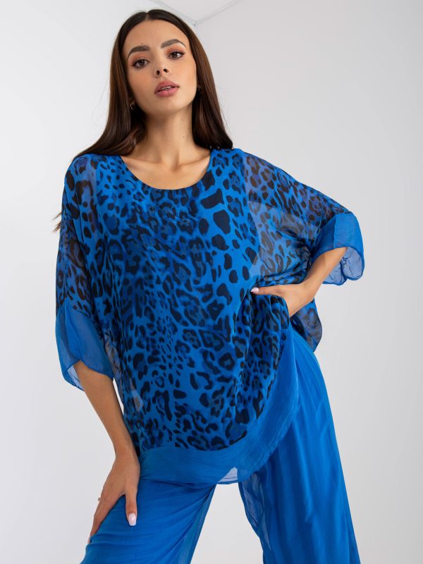 Wholesale Dark blue silk blouse with print